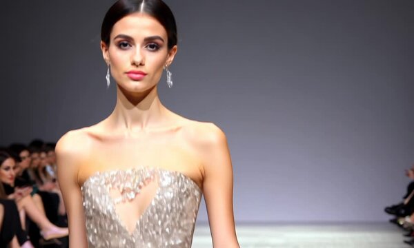 Close up on a female model on a catwalk showing off an elegant dress.  video