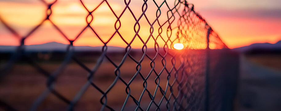 a chain linked fence that is next to the sunsets sky in the background and sun down,