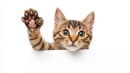 Happy cat peeks out from behind a banner and waving his paw. isolated on white background.