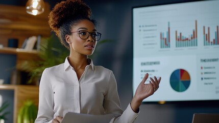 Company operations director holds sales meeting presentation for employees and executives. creative black female uses tv screen with growth analysis charts ad revenue. work in business office.