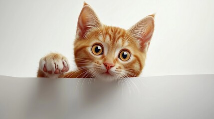 Happy cat peeks out from behind a banner and waving his paw. isolated on white background.