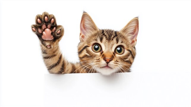 Happy cat peeks out from behind a banner and waving his paw. isolated on white background.