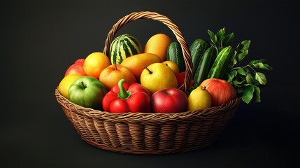 Fresh organic fruits and vegetables in wicker basket.