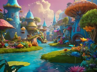 Whimsical Fantasy Landscape with Playful Creatures and Floating Islands