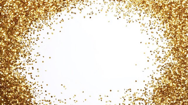 Gold glitter border background for anniversary birthday or christmas invite with white space.
