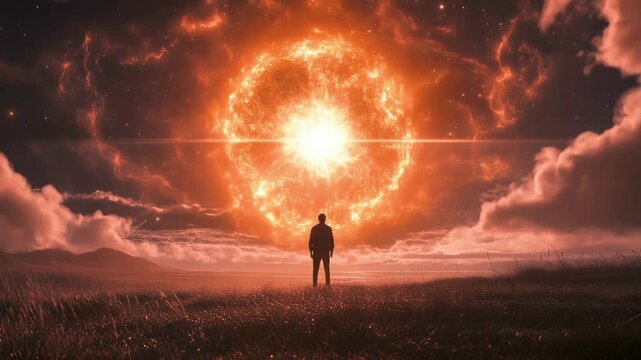 A lone figure watches a massive supernova in the sky, overwhelmed by astraphobia and awe at the universe's immense power. Seamless loop, AI-assisted creation with manual enhancements.