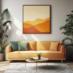 A living room with a yellow couch and a framed painting of mountains. The painting is orange and yellow, and it gives the room a warm and inviting atmosphere