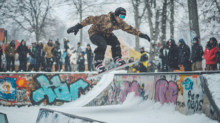A snowboarder executing a rail slide in an urban snow park surrounded by graffiti and spectators.