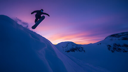 A snowboarder executing a rodeo flip in mid-air twisting above a snowy slope with the sky turning from blue to purple at dusk.