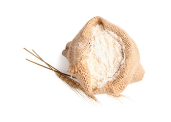 Sack bag with flour and wheat ears on white background