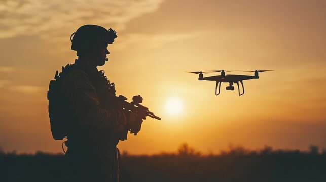 Soldier s silhouette utilizing drones for tactical operations and reconnaissance missions