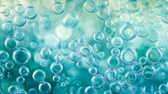 A minimalist design featuring s of tiny bubbles in cool tones of blue and green. The bubbles are arranged in an asymmetrical pattern giving a modern and artistic twist to the cellula