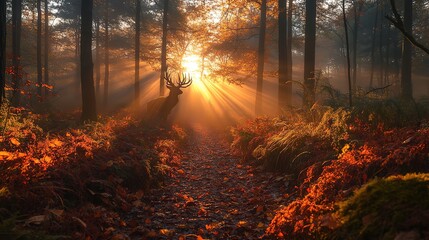Hirsch im Wald, Sonnenlicht im Herbst