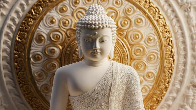 The white Buddha statue radiates tranquility, detailed with intricate carvings and set against a vibrant gold mandala