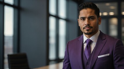 Fototapeta premium twenties hispanic man in purple attire on office background model portrait looking confident for ad concept space for text