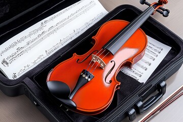Fototapeta premium A violin resting on an open music case, with sheet music and a bow laid carefully beside it