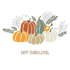HAPPY THANKSGIVING. Illustration with pumpkins in natural pastel colors. Design in a flat style. Cartoon, doodle. Vector poster, postcard, banner, invitation, greeting.