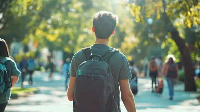 A young student guy strolls in a vibrant college pathway on a sunny afternoon, accompanied by friends, all carrying backpacks
