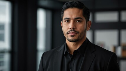 Obraz premium twenties hispanic man in black attire on office background model portrait looking confident for ad concept space for text