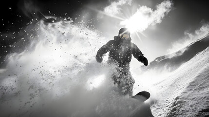 A snowboarder navigating a deep powder run with snow spraying dramatically on every turn.