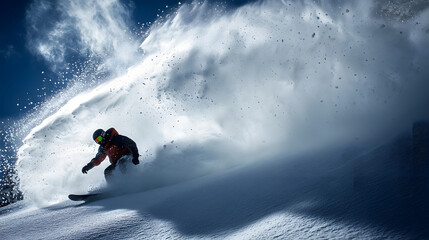 A snowboarder navigating a deep powder run with snow spraying dramatically on every turn.