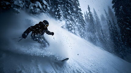 A snowboarder navigating a deep powder run with snow spraying dramatically on every turn.