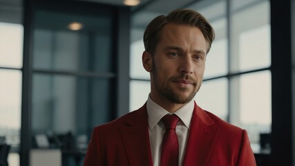 Fototapeta premium twenties caucasian man in red attire on office background model portrait looking confident for ad concept space for text