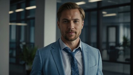 Fototapeta premium twenties caucasian man in blue attire on office background model portrait looking confident for ad concept space for text