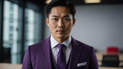 Fototapeta premium twenties asian man in purple attire on office background model portrait looking confident for ad concept space for text