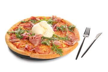 Wooden board of tasty pizza with Burrata cheese on white background