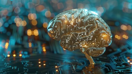 A human brain floating on top of an electronic circuit board, glowing with data flowing through it