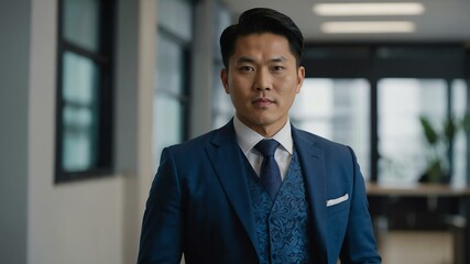 Fototapeta premium twenties asian man in blue attire on office background model portrait looking confident for ad concept space for text