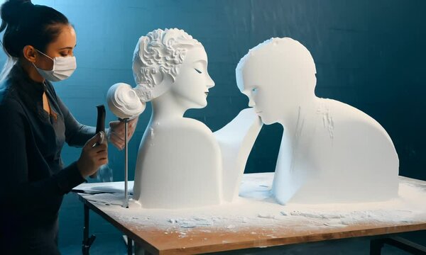 artisan carving an Modern Abstract Love Couple sculpture in styrofoam,  video