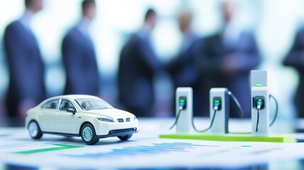Fototapeta premium Corporate Executives Discussing Electric Vehicle Future with Miniature EV Model and Charging Station on Boardroom Table