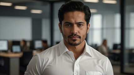 Obraz premium twenties hispanic man in white attire on office background model portrait looking confident for ad concept space for text