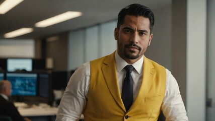 Obraz premium twenties hispanic man in yellow attire on office background model portrait looking confident for ad concept space for text