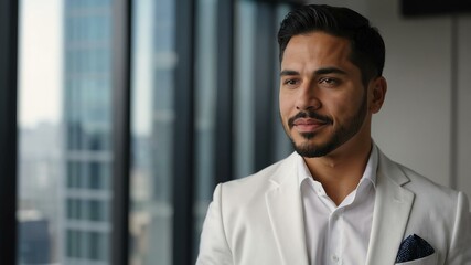 Naklejka premium twenties hispanic man in white attire on office background model portrait looking confident for ad concept space for text