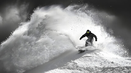 A snowboarder riding a giant wave of snow in the backcountry captured mid-carve with a powerful spray of powder.