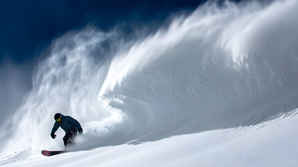 A snowboarder riding a giant wave of snow in the backcountry captured mid-carve with a powerful spray of powder.