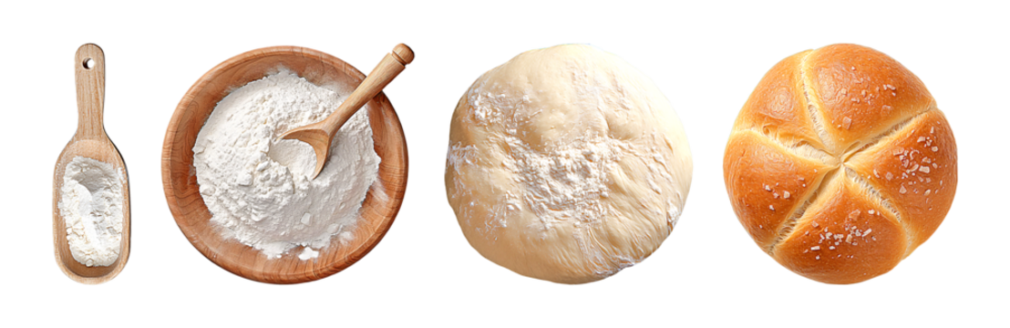 Flour in a wooden scoop and bowl, alongside raw dough and a freshly baked round loaf illustrate the stages of bread making