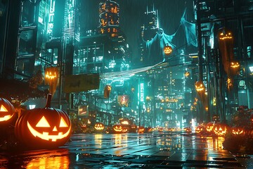Dystopian Halloween cityscape illuminated by neon pumpkins and cybernetic specters.