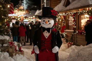 Fototapeta premium Elegant snowman in tuxedo at a Christmas market