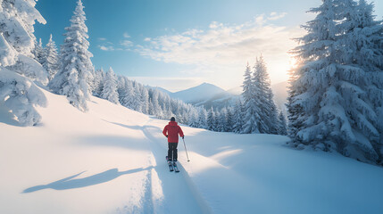 A snowboarder speeding down a cross-country trail surrounded by snow-covered trees and rolling hills.