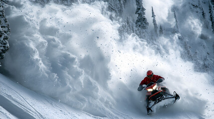 A snowmobiler narrowly escaping an avalanche as it chases them down a steep mountain slope with the snow kicking up a massive cloud of debris.