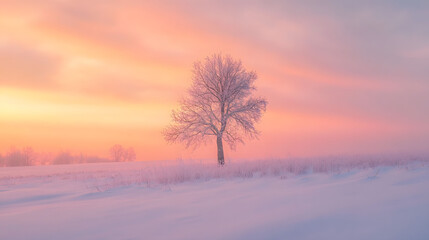 A snowy meadow at dawn with a single tree standing in the middle its branches heavy with snow and the sky glowing softly in shades of pink and orange.