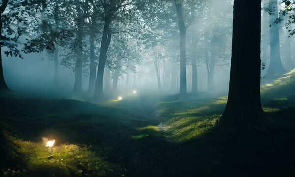 Flickering lights appear between the trees like the ethereal forms of the ancestors guiding lost souls through the grove  video