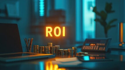 ROI Concept with Stacked Coins and Laptop in Modern Office Setting with Blue and Orange Lighting