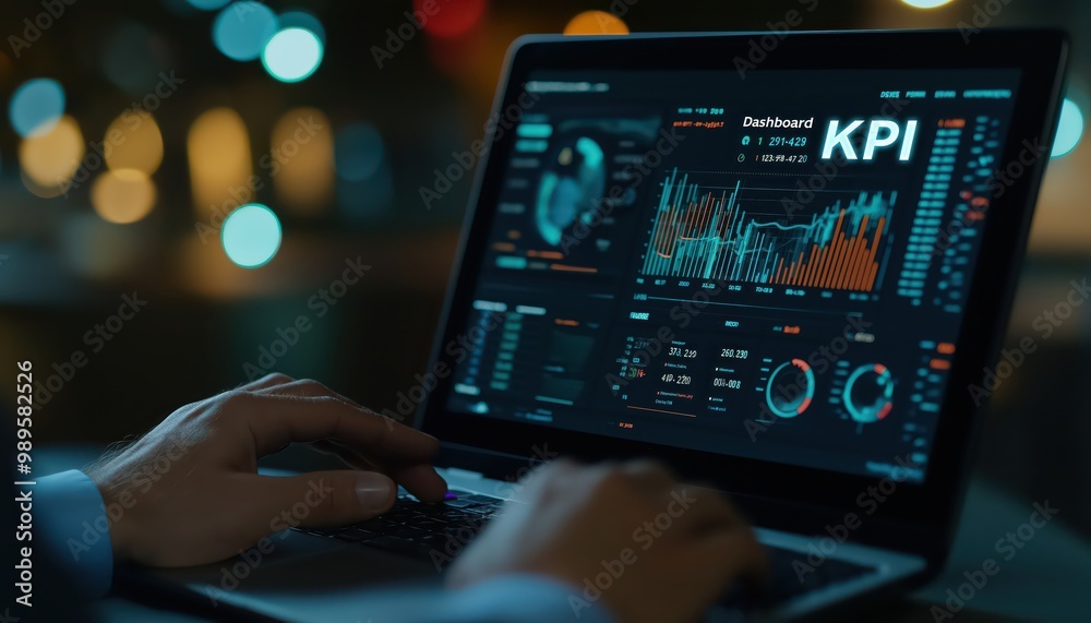 Poster modern kpi dashboard on laptop screen displaying key performance indicators and data analytics in a 