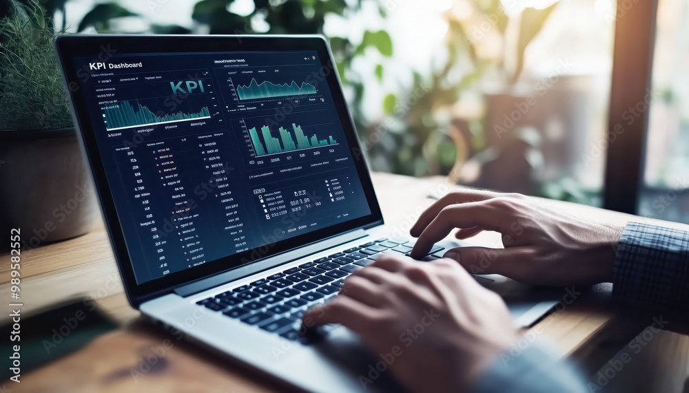 Poster professional kpi dashboard on laptop displaying key performance indicators for business analytics an