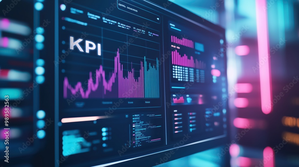 Poster modern kpi dashboard display with data analytics and key performance indicators in a high-tech envir